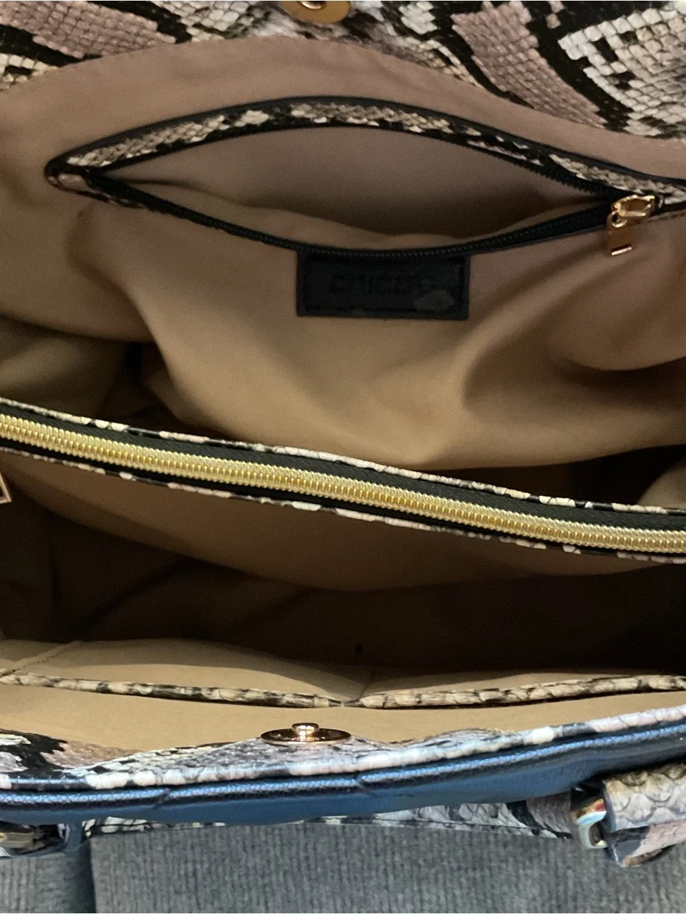Chico’s Structured Camel and Black Tote Handbag with Snake-Print Trim NWOT